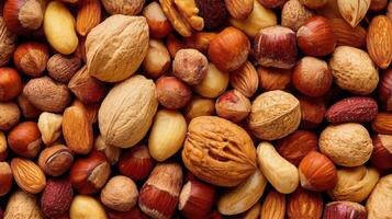 Assorted Mixed Nuts Background with Hazelnuts, Almonds, and Walnuts photo