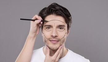 Face lifting. Doctor touching male face with correction lines for cosmetic surgery, drawing marks, gray background photo