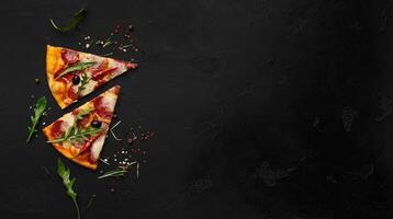 Two slices of pizza with rocket salad and spices on black background with copy space, top view photo