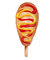 A corn dog on a stick with ketchup and mustard illustration png