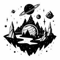 Surreal Cosmic Landscape with Floating Planets and Mountains vector