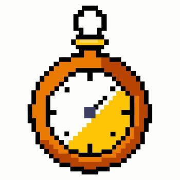Retro Pixel Art Stopwatch Timer with Orange and Yellow Design in 8 bit Style vector