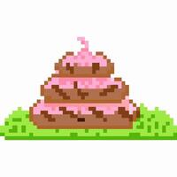 Pixel art chocolate and strawberry swirl ice cream on grass retro game dessert, sweet treat, playful colorful design vector