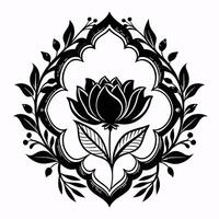A black and white flower design with leaves surrounding it vector