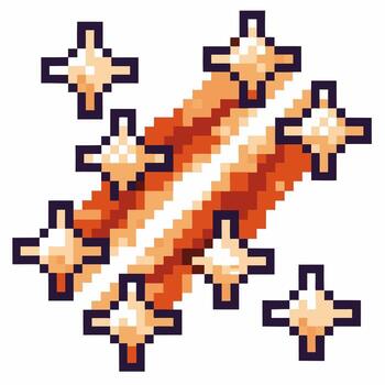 Crispy pixel bacon strip with shiny sparkles, retro 8 bit food icon, breakfast snack, clean modern pixel art vector