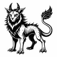 Mythical Beast Illustration with Horns, Mane, and Tail in Bold Monochrome Design vector