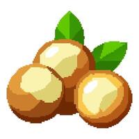 Pixel art macadamia nuts with green leaves in a retro style vector