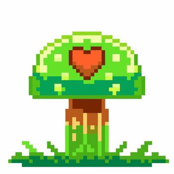 Pixel art green mushroom with red heart symbol, retro game icon design, isolated on white background vector