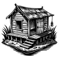 A small, old, wooden house with a porch and a ladder vector