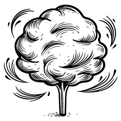 Hand drawn tree illustration with swirling wind lines nature symbol, environmental sketch, foliage, botanical element
