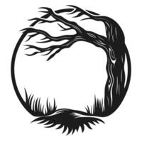 Bare tree silhouette forming circular frame with twisted branches and roots, nature concept for design and decoration vector