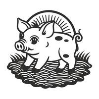 Piglet in grass with sun rays behind cute farm animal symbol, cheerful baby pig black ink illustration, agriculture concept vector