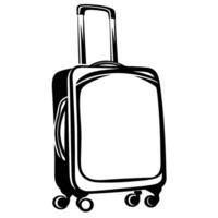 Modern hard shell rolling suitcase with extended telescopic handle, minimalist black and white illustration, travel luggage concept vector