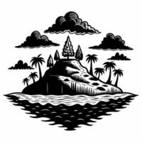 Monochrome Island Landscape with Trees and Clouds Nature Silhouette Art vector