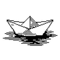 Pixel art paper boat sailing on water minimalist black and white design, retro digital style, simple origami icon vector