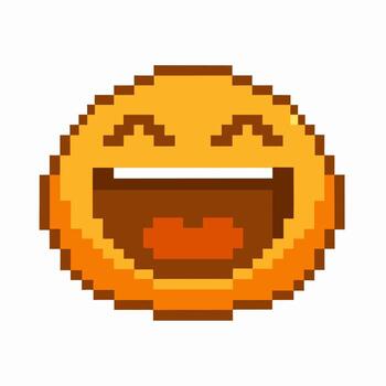 Pixel art smiling emoticon face happy digital emoticon, retro 8 bit style, joyful character, pixelated laugh expression vector