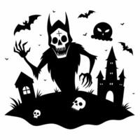 Spooky Halloween Scene with Haunted Castle and Skeleton Figure vector