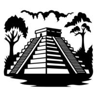 Ancient pyramid temple silhouette with staircase surrounded by tropical trees and dramatic sky mesoamerican architecture concept vector