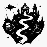 Mystical Castle on Haunted Hill with Spooky Path and Skull Silhouette vector