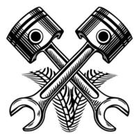 Crossed pistons and wrenches with tire tread automotive repair, mechanics tools, engine maintenance emblem design vector