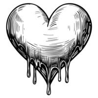 Melting heart illustration dripping love symbol, black and white hand drawn sketch, romantic design, emotional concept vector