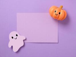 Halloween themed postcard mockup with pumpkin and ghost on pastel lilac background photo