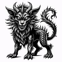 Intricate Black and White Fantasy Creature with Spiral Horns and Textured Fur vector