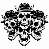 Stylized Skull Quartet in Hats and Wings Edgy Tattoo Art Illustration vector