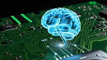 AI Brain Hologram on Circuit Board - Technology and Innovation 4k animation video