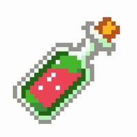 Pixel art magic potion bottle, green liquid with cork and glowing spark retro game fantasy alchemy element icon vector