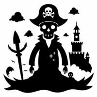 Spooky Pirate Skeleton with Castle Silhouette in Haunted Seascape vector