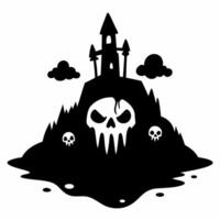 Spooky Castle on Skull Island Silhouette with Eerie Skulls and Dark Clouds vector
