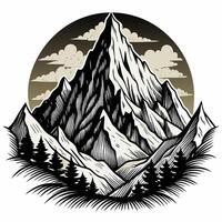 Vintage Mountain Landscape with Trees and Clouds in Monochrome Design vector