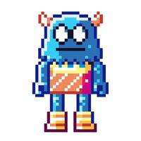 Colorful pixel art blue monster character with orange horns and striped outfit, retro game fantasy comic design vector