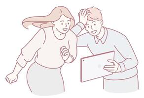 A group of excited friends joyfully discovering something intriguing on a tablet together vector