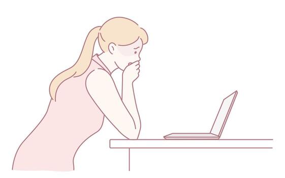 un contemplativo mujer es pensativamente comprometido en su trabajo mientras utilizando un ordenador portátil computadora vector
