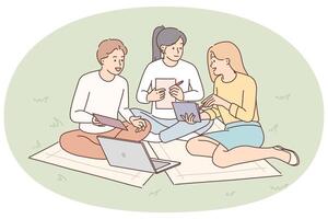 Students are sitting on lawn with laptop preparing joint extracurricular activity assigned vector