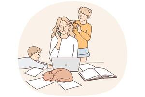 Mother works as freelancer at home and sits with children suffering from lack of workspace vector