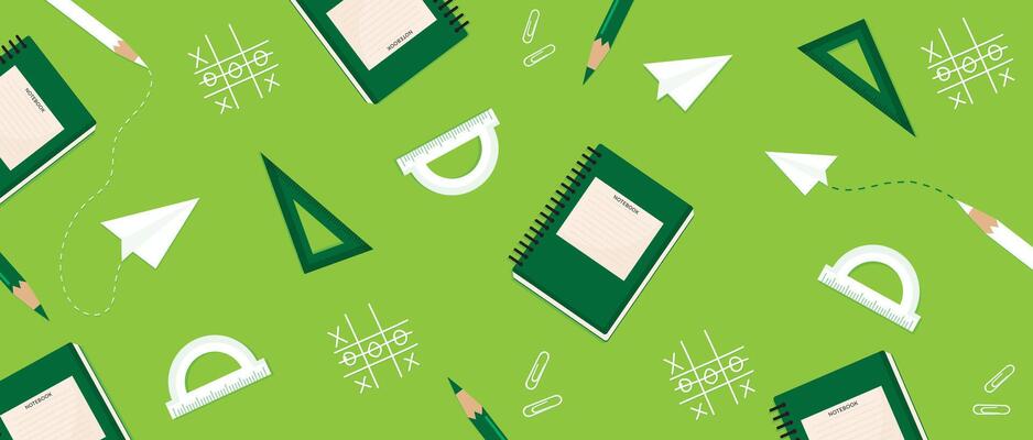 Green School Background with Notebooks and Stationery Flat Illustration.