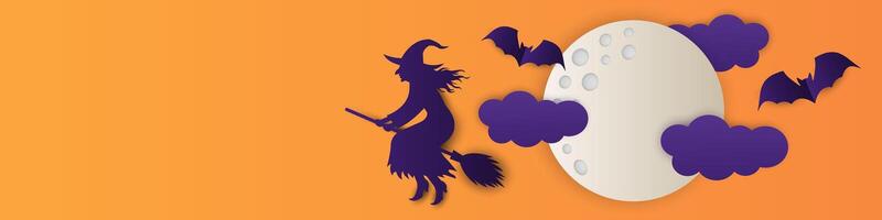 Paper cut horizontal banner with moon, witch and bats with empty space for text. illustration. vector