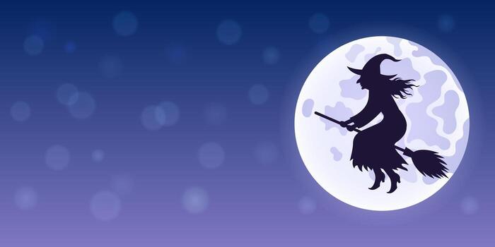 illustration of a poster or banner with moon and witch, blue background with bokeh effect and empty space for text. vector