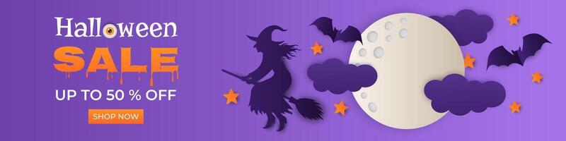Halloween Sale. Paper cut horizontal banner with moon, witch, stars and bats. Special offer up to 50 percent off. vector