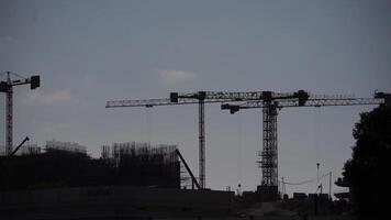 Cranes Construction Site. Silhouetted Cranes, Building Project, Daylight video