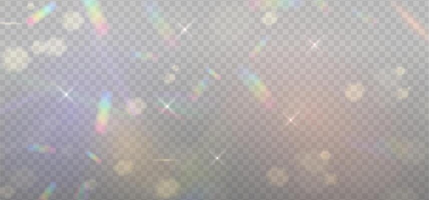 Various Colorful spots of reflected sunlight. Rainbow reflection light prism effect on light background. Hologram glass dispersion, crystal flare leak shadow overlay. illustration