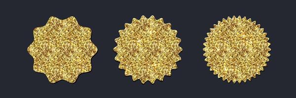 Golden rosette labels set, round circle with gold glitter confetti texture. isolated icon on dark background for shopping or sale design, prize vector