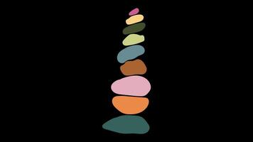 Animated colorful stone balance stack on transparent background with alpha channel. Minimalist zen rocks animation for meditation, harmony, spa, and wellness themes. Balance concept video
