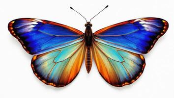 Macro studio shot of a vibrant blue and orange morpho butterfly with wings spread open, isolated on a clean white background for detailed natural beauty display. photo