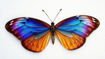Colorful iridescent butterfly with striking blue and orange wings displayed in a vivid isolated composition against a clean white background. photo
