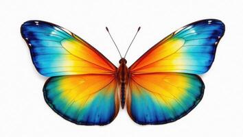 Bright and colorful butterfly wings in vibrant blue, orange, and yellow hues shown in a detailed macro studio closeup for natural pattern emphasis. photo