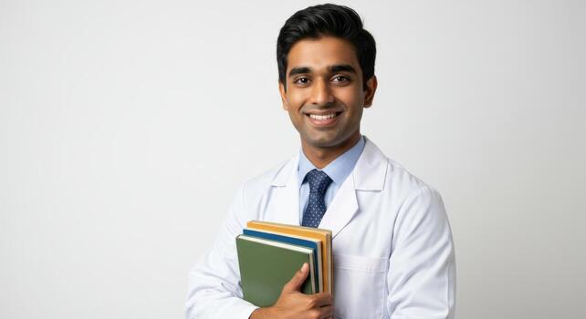 Smiling Medical Student with Books, Wearing a White Coat, Posing Against a White Background photo